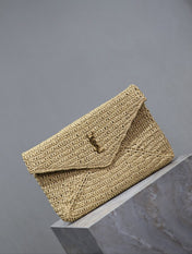 YSL 25S CASSANDRE LARGE ENVELOPE POUCH 29 IN NATURAL RAFFIA GOLD HARDWRE