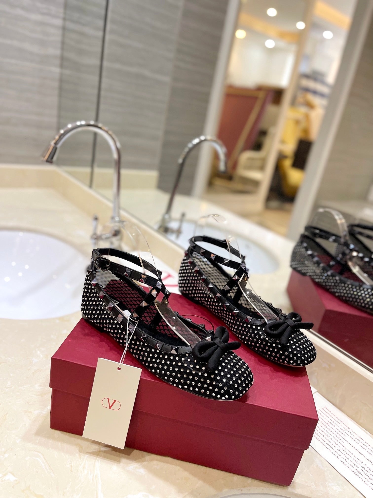 VALENTINO 26S BALLET FLATS IN BLACK CRYSTAL-EMBELLISHED MESH