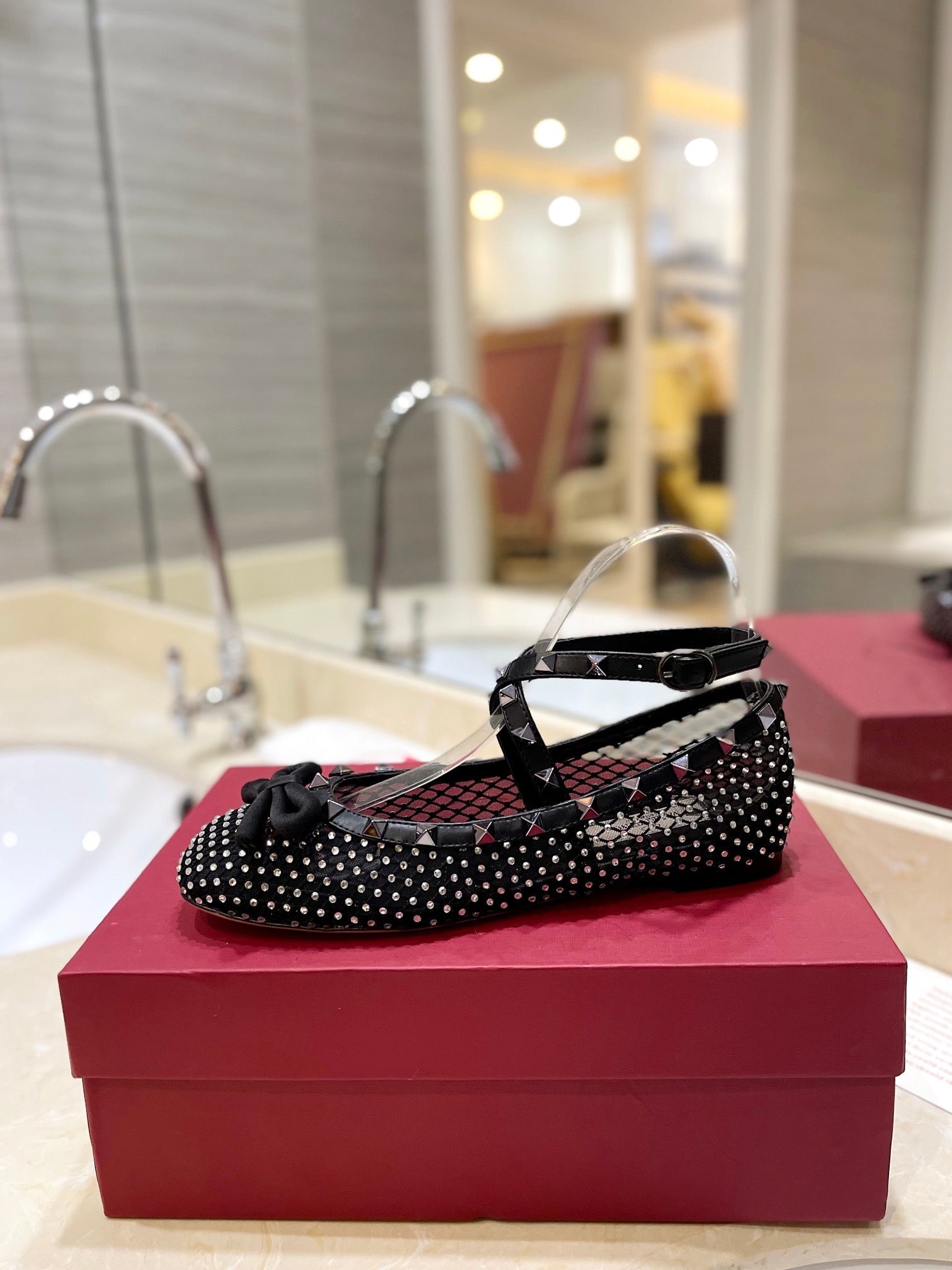 VALENTINO 26S BALLET FLATS IN BLACK CRYSTAL-EMBELLISHED MESH