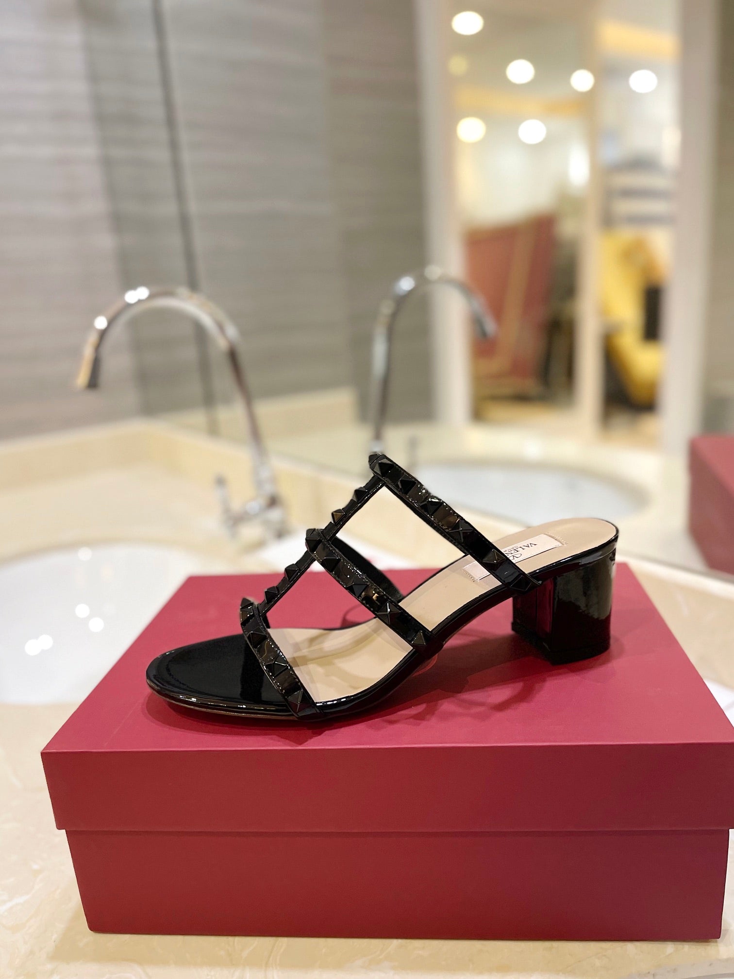 VALENTINO 26S ROCKSTUD CAGED HEELED SANDALS 60 MM IN BLACK PATENT CALFSKIN