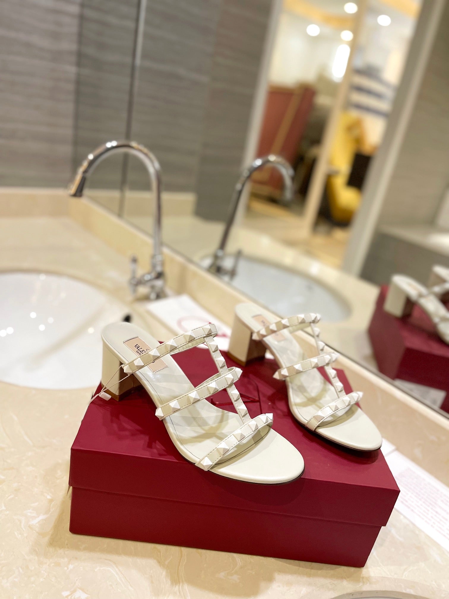 VALENTINO 26S ROCKSTUD CAGED HEELED SANDALS 60 MM IN CREAM WHITE CALFSKIN