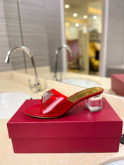 HIGH MULE 60MM IN CHERRY RED SHEEPSKIN AND TRANSPARENT PVC
