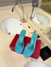 HIGH MULE 60MM IN AQUA BLUE SHEEPSKIN AND TRANSPARENT PVC