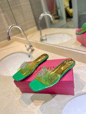 VALENTINO 26S FLAT SLIDES IN GREEN MIX GOLD LAMBSKIN WITH CRYSTAL