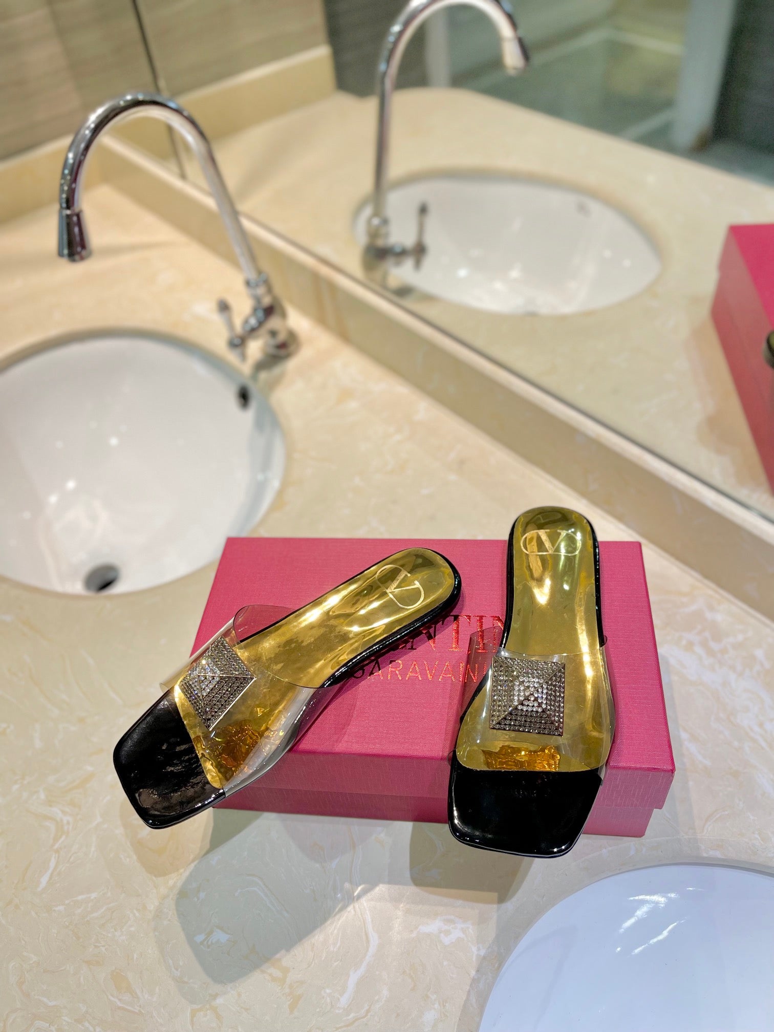 VALENTINO 26S FLAT SLIDES IN BLACK MIX GOLD LAMBSKIN WITH CRYSTAL