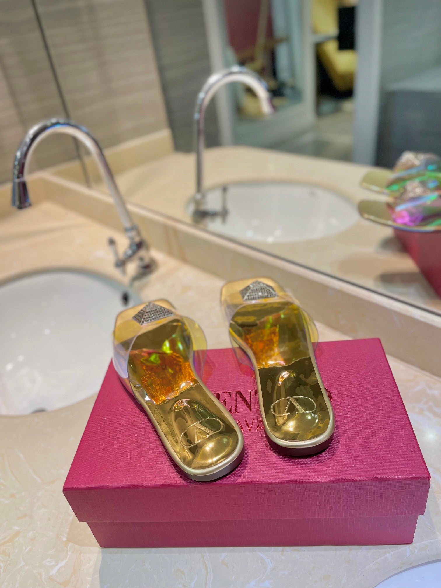 VALENTINO 26S FLAT SLIDES IN GOLD LAMBSKIN WITH CRYSTAL STYLE 3