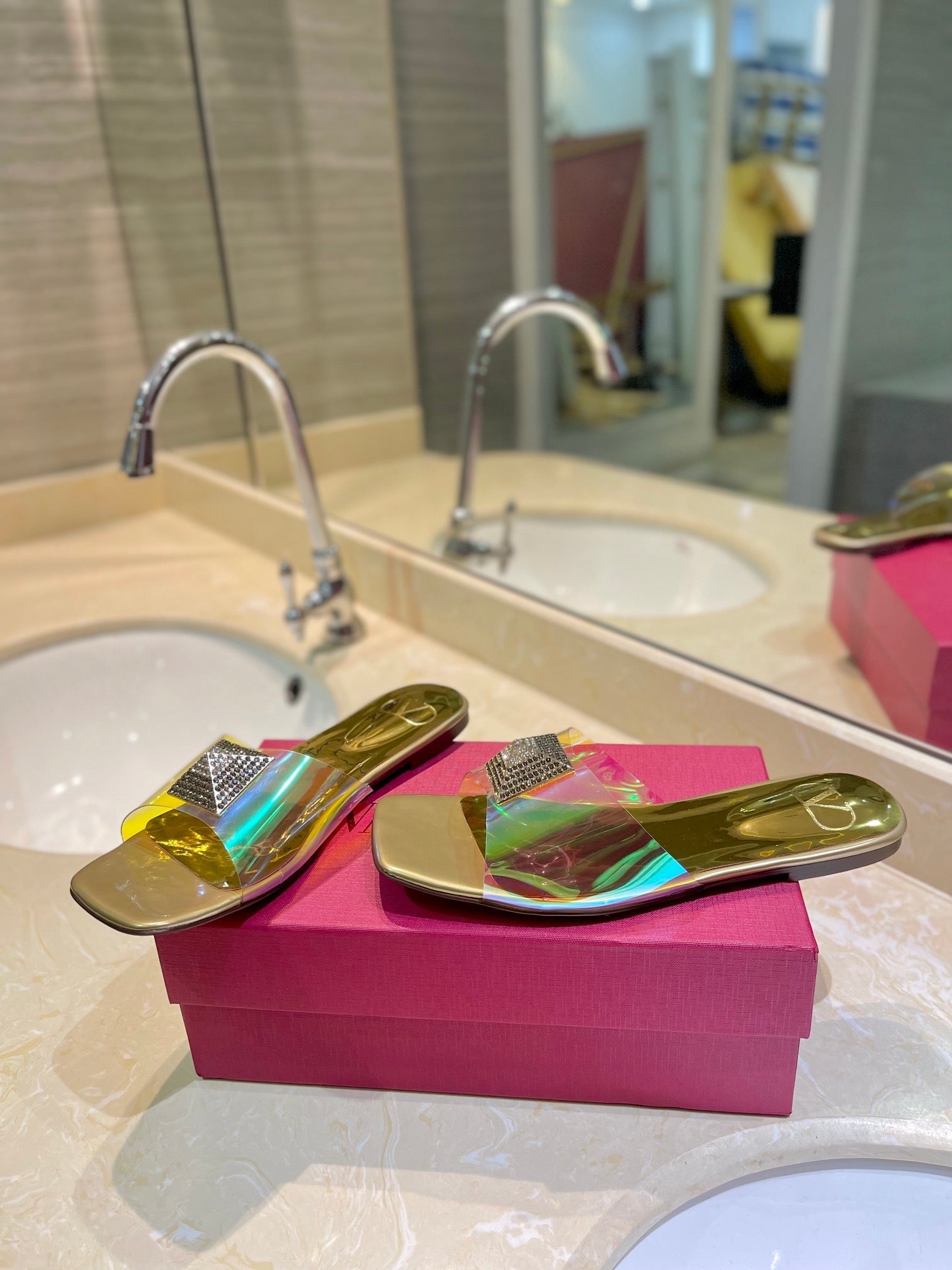 VALENTINO 26S FLAT SLIDES IN GOLD LAMBSKIN WITH CRYSTAL STYLE 3