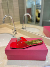 VALENTINO 26S FLAT SLIDES IN RED MIX GOLD LAMBSKIN WITH CRYSTAL