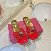 VALENTINO 26S FLAT SLIDES IN RED MIX GOLD LAMBSKIN WITH CRYSTAL
