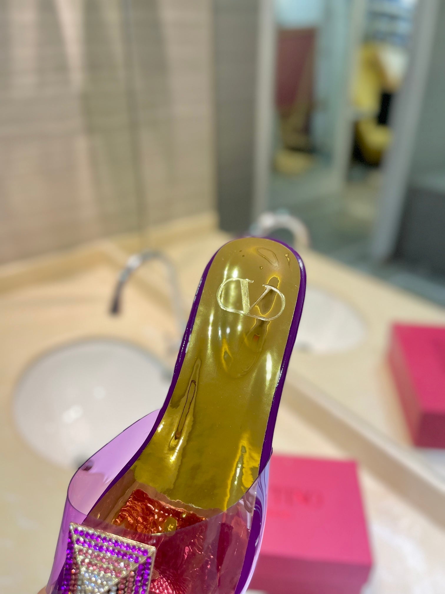 VALENTINO 26S FLAT SLIDES IN PURPLE MIX GOLD LAMBSKIN WITH CRYSTAL