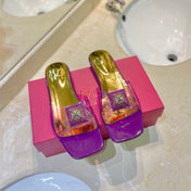VALENTINO 26S FLAT SLIDES IN PURPLE MIX GOLD LAMBSKIN WITH CRYSTAL
