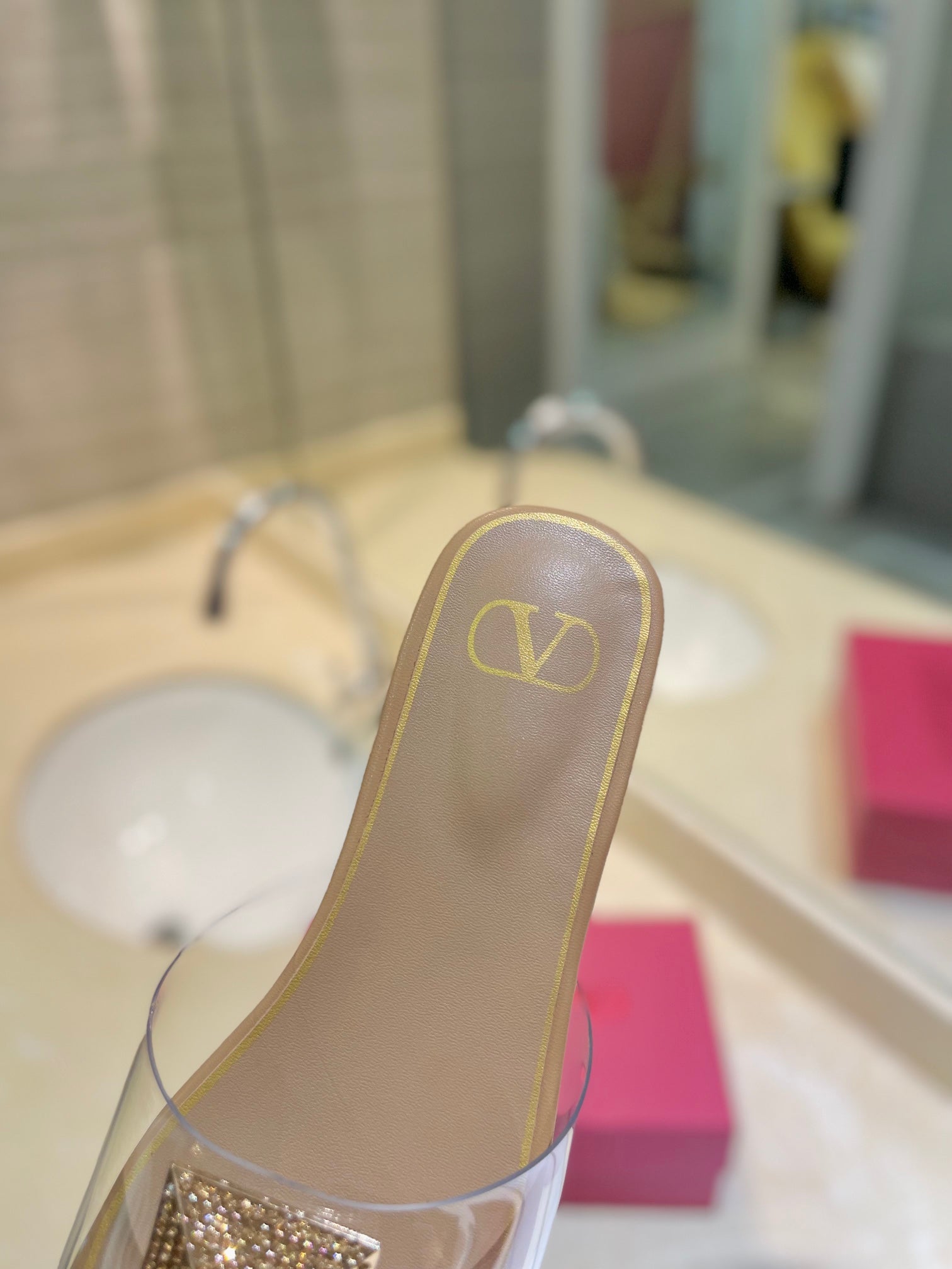 VALENTINO 26S FLAT SLIDES IN BEIGE LAMBSKIN WITH CRYSTAL