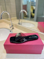 VALENTINO 26S FLAT SLIDES IN BLACK LAMBSKIN WITH CRYSTAL STYLE 1