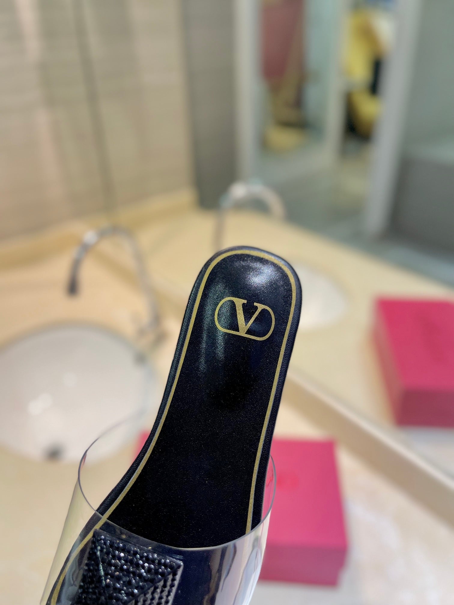 VALENTINO 26S FLAT SLIDES IN BLACK LAMBSKIN WITH CRYSTAL