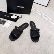 CHANEL 26S SLIDE SANDALS IN BLACK MESH AND CALFSKIN WITH RIBBON