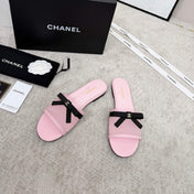 CHANEL 26S SLIDE SANDALS IN PINK MESH AND CALFSKIN WITH BLACK RIBBON