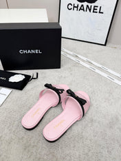 CHANEL 26S SLIDE SANDALS IN PINK MESH AND CALFSKIN WITH BLACK RIBBON