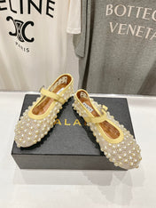 ALAIA PEARL MARY JANE SHOES IN LIGHT YELLOW MESH AND CALFSKIN