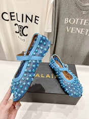 ALAIA PEARL MARY JANE SHOES IN CERULEAN BLUE MESH AND CALFSKIN