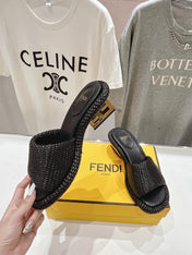 FENDI FFOLD MEDIUM-HEEL SANDALS 45 MM IN BLACK COTTON FIBRE