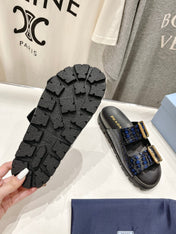 PRA CROCODILE MOTIF STRAP SLIDES SANDALS BLACK AND LAPIS CALFSKIN