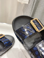 PRA CROCODILE MOTIF STRAP SLIDES SANDALS BLACK AND LAPIS CALFSKIN