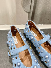 ALAIA PEARL MARY JANE SHOES IN LIGHT BLUE LAMBSKIN