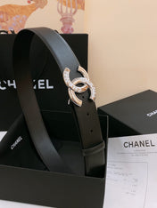 DOUBLE C BELT 40MM IN BLACK CALFSKIN SILVER BUCKLE EMBOSSED WHITE LOGO