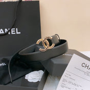 DOUBLE C BELT 30MM IN BLACK CALFSKIN GOLD BUCKLE EMBOSSED LOGO