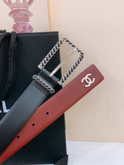 BELT 30MM IN BLACK AND RED CALFSKIN WITH INTERWOVEN SILVER CHAIN BUCKLE