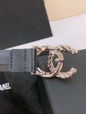 DOUBLE C BELT 20MM IN BLACK CALFSKIN WITH SILVER CHAIN INTERWOVEN BUCKLE