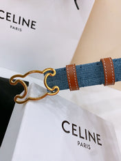 CELINE 25S BELT TRIOMPHE TAURILLON 25MM IN BROWN CALFSKIN AND DENIM 558351