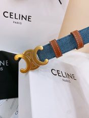 CELINE 25S BELT TRIOMPHE TAURILLON 25MM IN BROWN CALFSKIN AND DENIM 558357