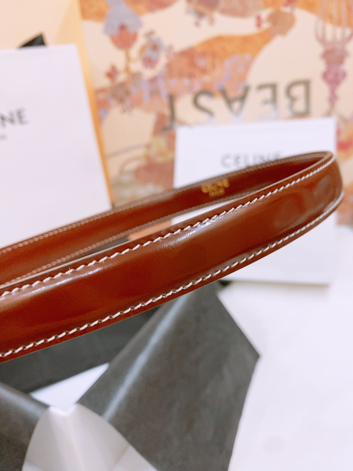 CELINE 25S BELT 18MM WITH ARC DE TRIOMPHE BUCKLE IN BURNT UMBER 571505