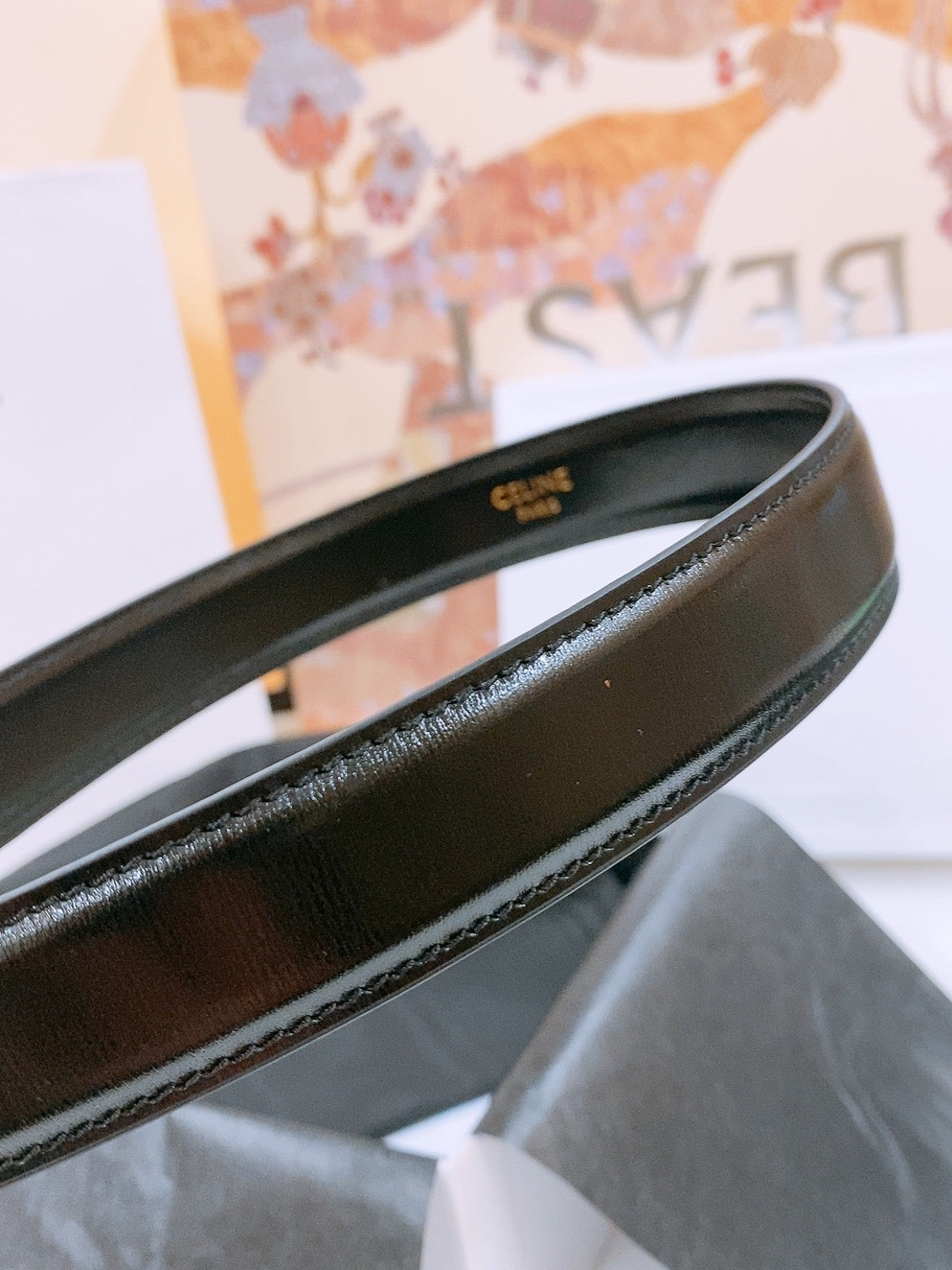 CELINE 25S TRIOMPHE BELT 25MM IN BLACK GLOSSY CALFSKIN GOLD HARDWARE 570968