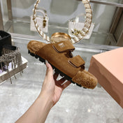 SANDAL SLIDES IN SEPIA BROWN SUEDE AND SHEARLING LINING