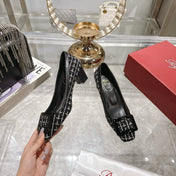 ROGER VIVIER 25S TROMPETTE BALLERINAS 45MM IN BLACK TWEED