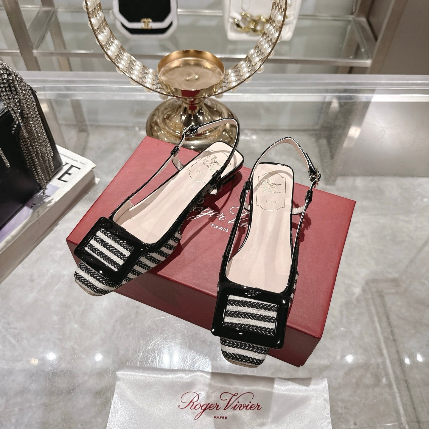 ROGER VIVIER 25S VIVIER SLINGBACK 25MM IN BLACK PLAID PATTERN CANVAS