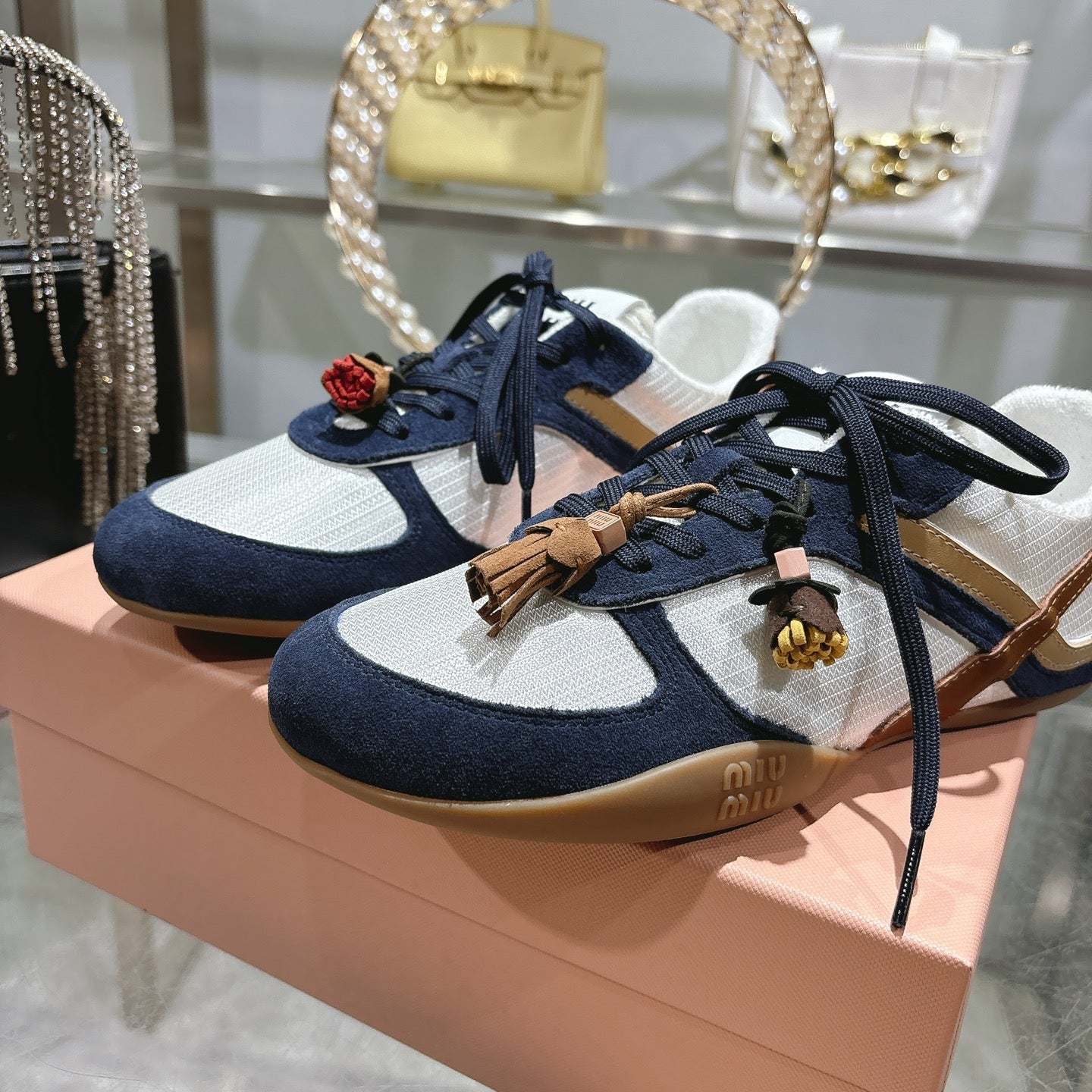 MIUMIU 26S LACE UP SNEAKERS IN NAVY BLUE SUEDE WHITE FABRIC CHARM DETAIL