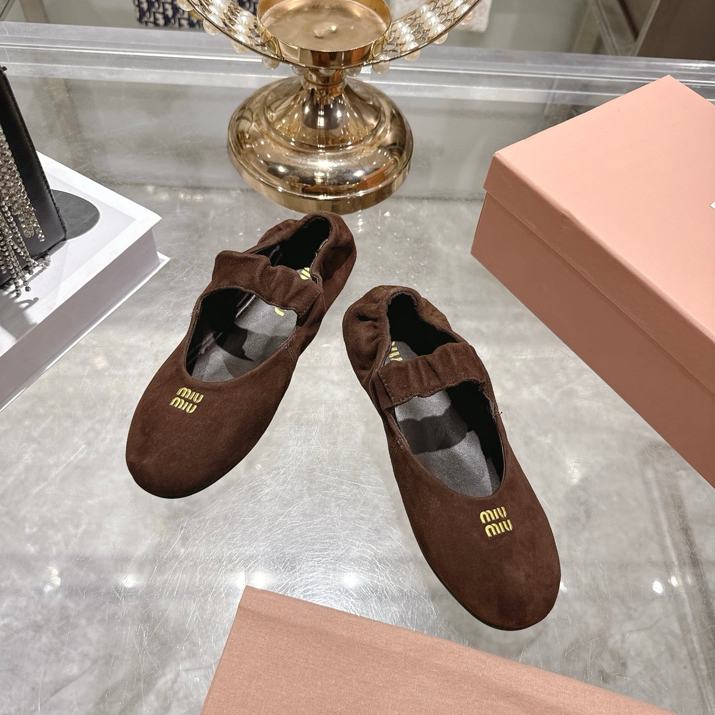 MIUMIU 26S MARY JANE FLATS IN DARK BROWN SUEDE ELASTIC STRAP