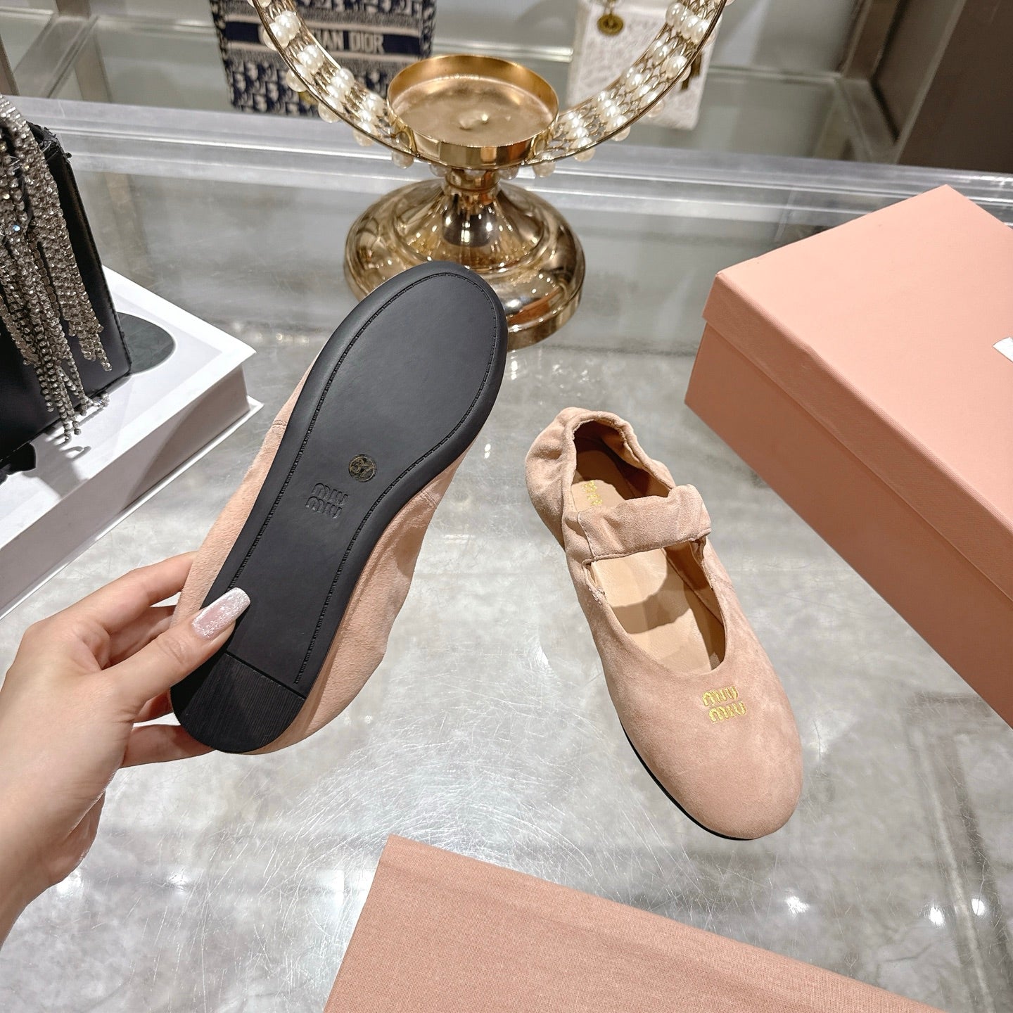 MIUMIU 26S MARY JANE FLATS IN LIGHT PINK SUEDE ELASTIC STRAP