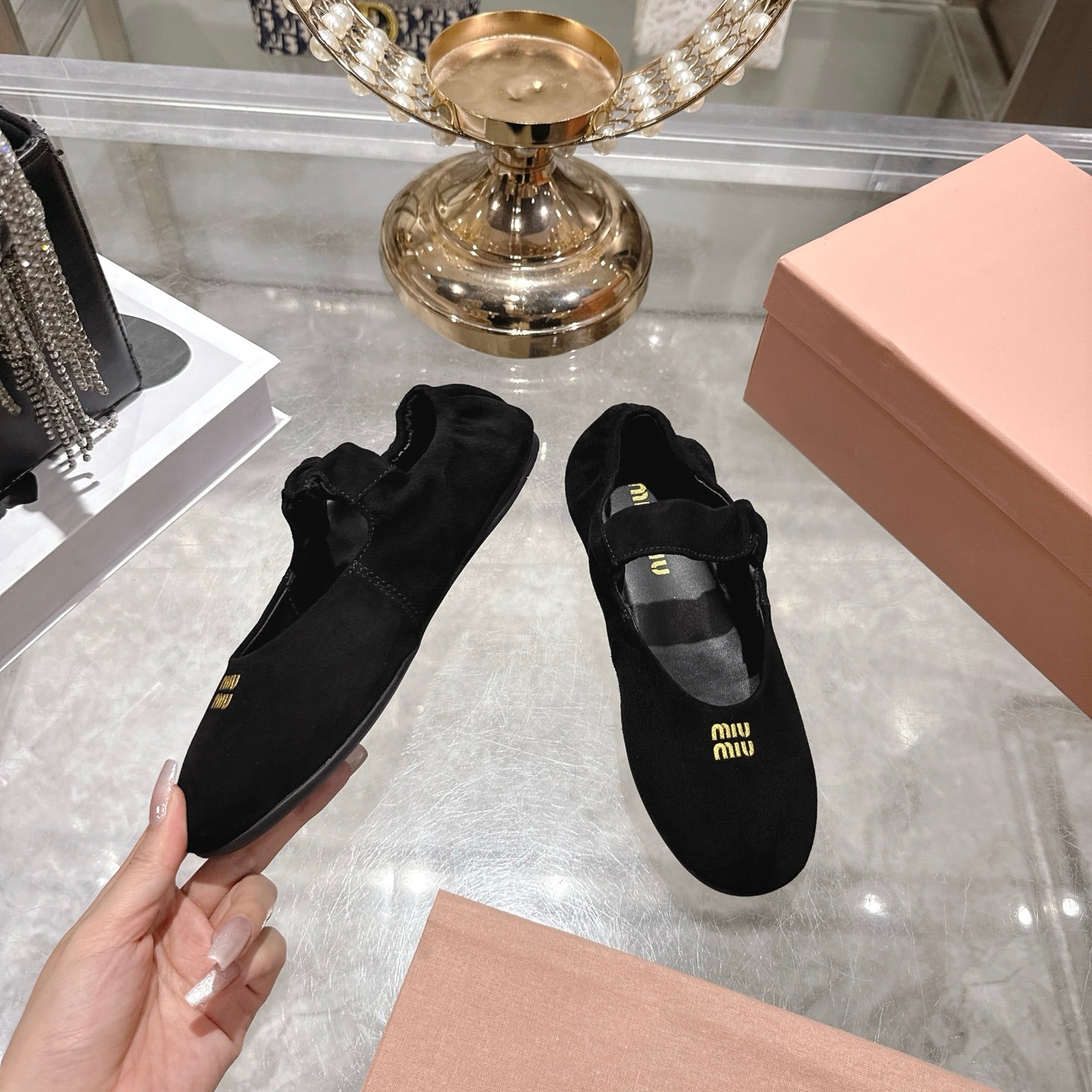 MIUMIU 26S MARY JANE FLATS IN BLACK SUEDE ELASTIC STRAP