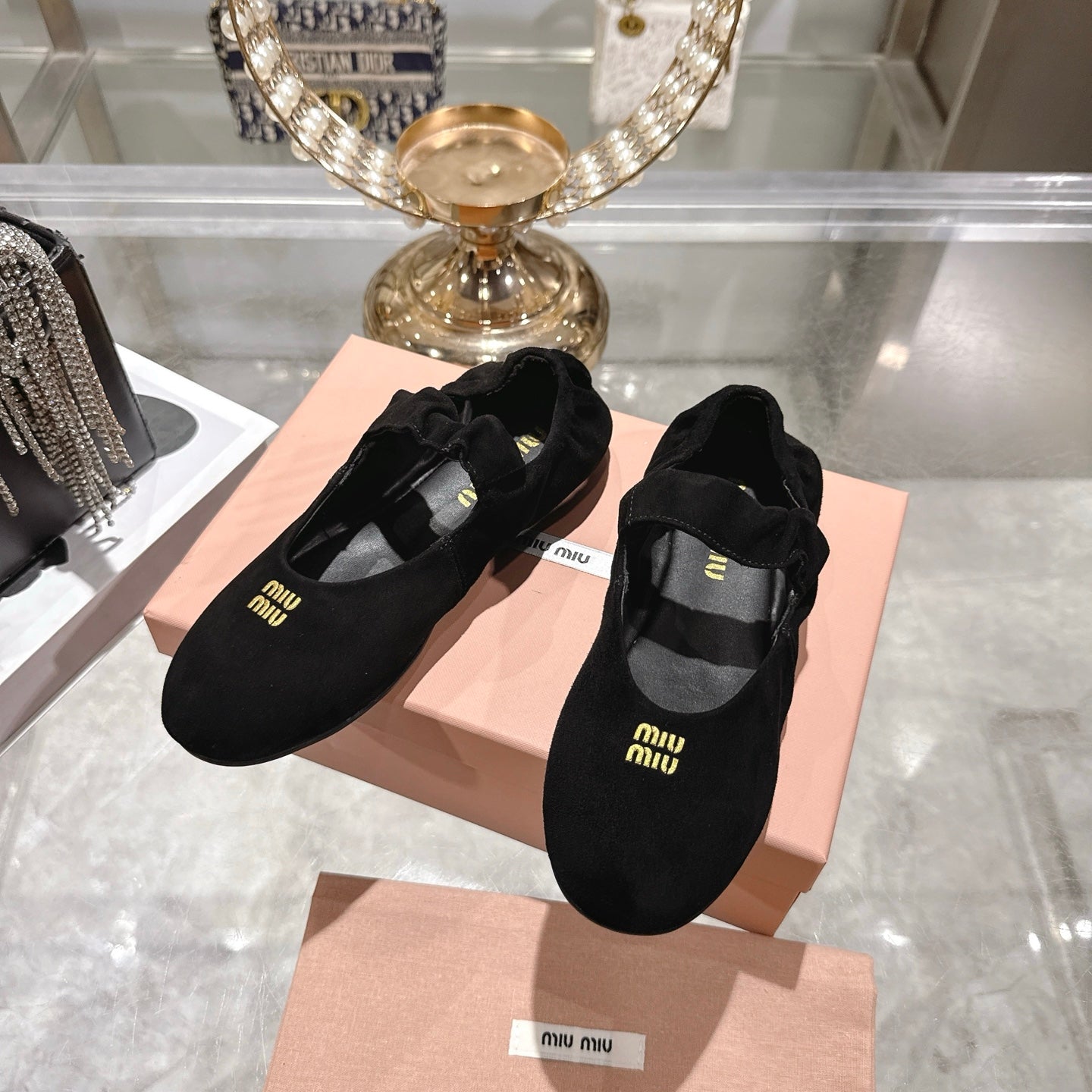 MIUMIU 26S MARY JANE FLATS IN BLACK SUEDE ELASTIC STRAP