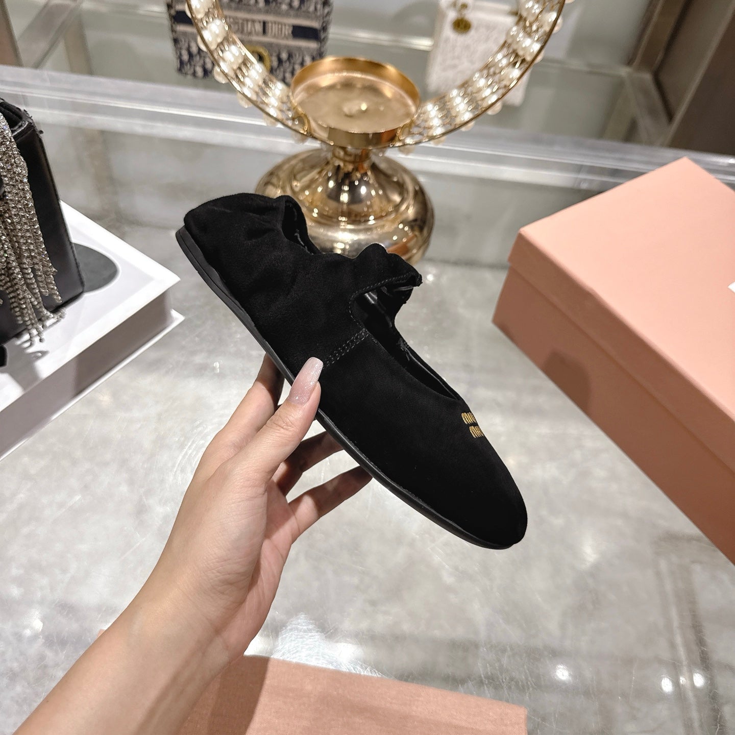 MIUMIU 26S MARY JANE FLATS IN BLACK SUEDE ELASTIC STRAP