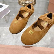 MIUMIU 26S MARY JANE FLATS IN BROWN SUEDE ELASTIC STRAP