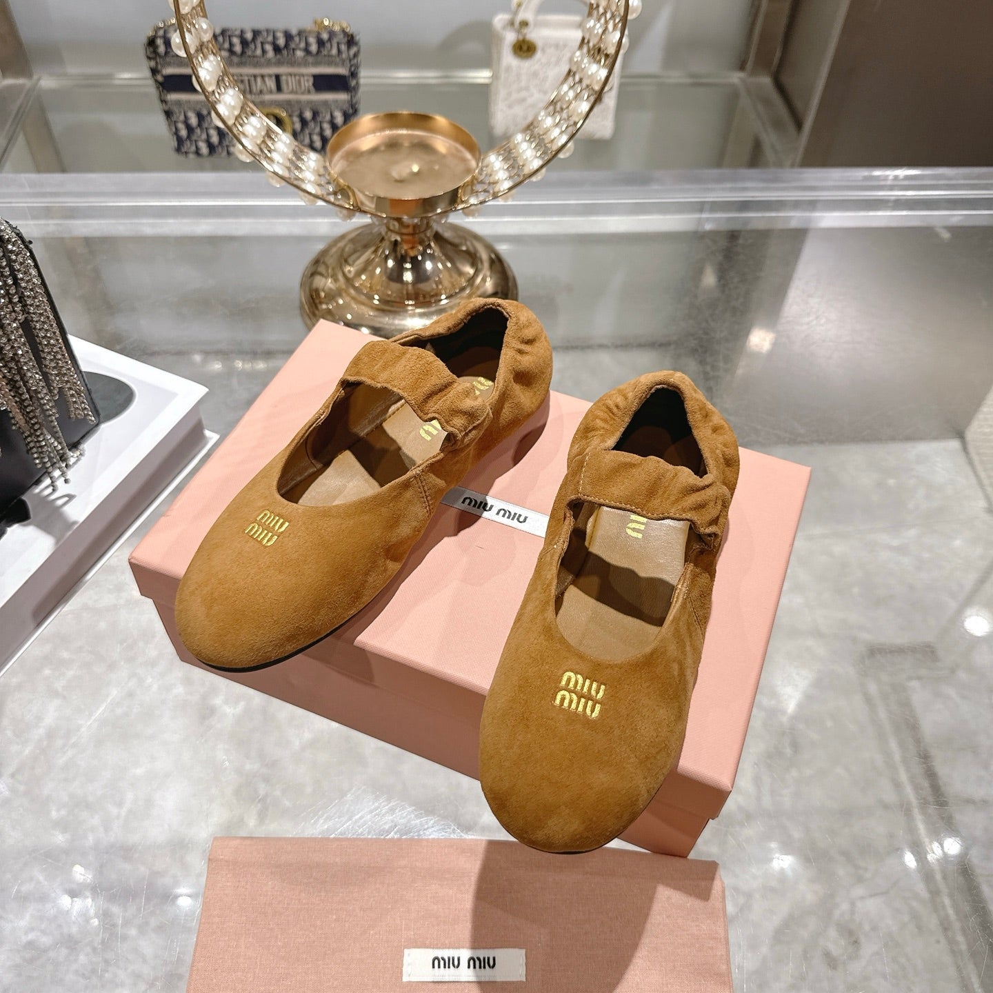 MIUMIU 26S MARY JANE FLATS IN BROWN SUEDE ELASTIC STRAP
