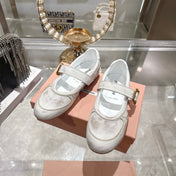 MIUMIU 26S MARY JANE FLATS IN WHITE CALFSKIN GOLD BUCKLE