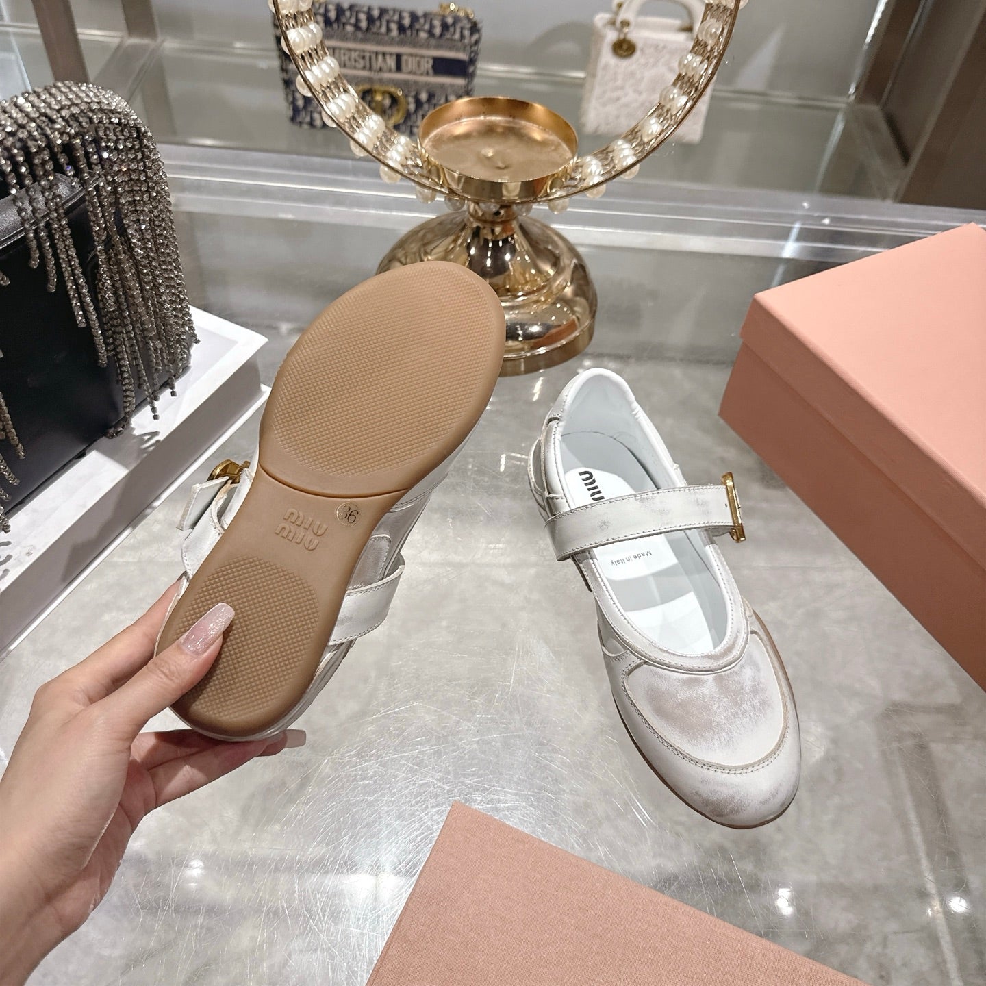 MIUMIU 26S MARY JANE FLATS IN WHITE CALFSKIN GOLD BUCKLE