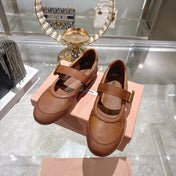 MIUMIU 26S MARY JANE FLATS IN CARAMEL BROWN CALFSKIN GOLD BUCKLE