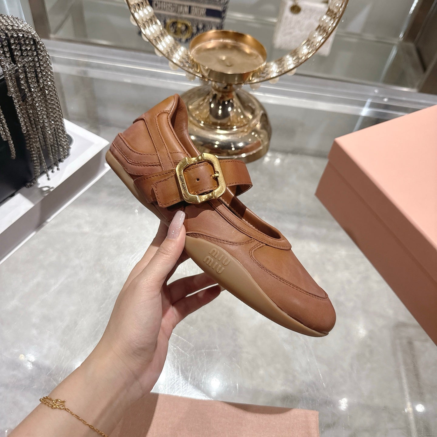 MIUMIU 26S MARY JANE FLATS IN CARAMEL BROWN CALFSKIN GOLD BUCKLE